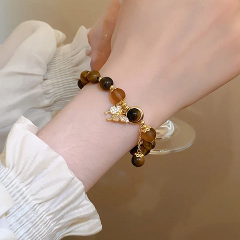 2 Pcs Zircon Cat's Eye Stone Butterfly Elastic Bracelet