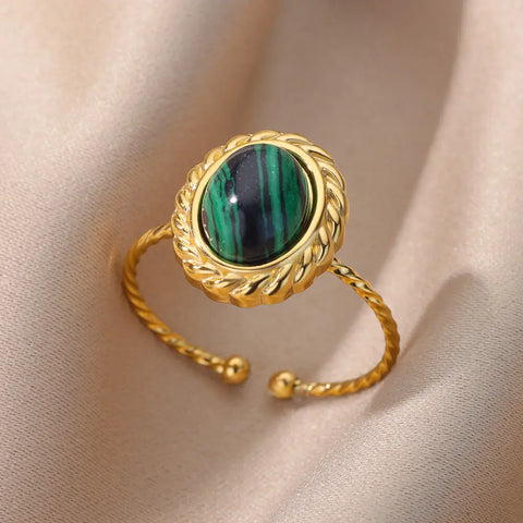 Stainless Steel Green Natural Stone Rings Vintage Trend Jewelry 18K Gold Color Opening Ring