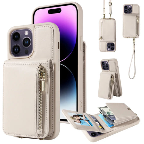 Funda de cuero tipo billetera con cremallera para iPhone, funda cruzada con correa y cordón para iPhone 15, 14, 13, 12 Pro, XS, Max, X, XR, 7, 8, 6S Plus