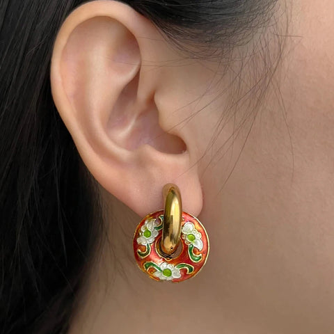 Colorful Flower Painted Hoop Earrings Stainless Steel Chunky Jewelry