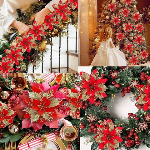 Glitter Christmas Flowers Xmas Tree 14cm Artificial Flower Ornaments  Christmas Decoration