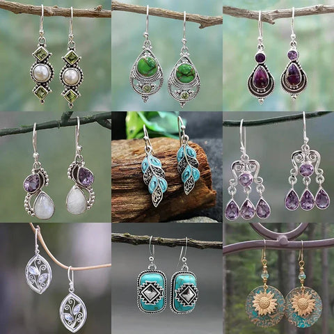 Vintage Boho earrings with stones, various models.