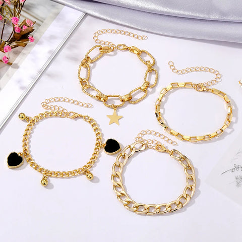 Golden Metal Thick Chain Bracelets  Charm Bracelet Set