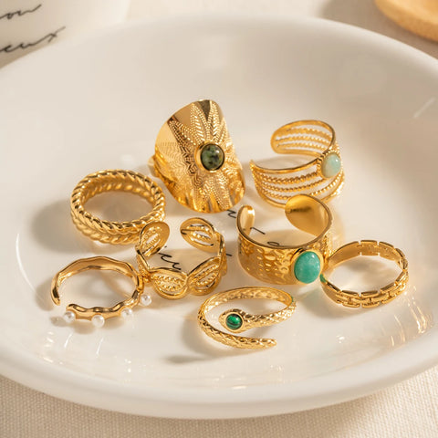 Vintage Classic Natural Stone Open Rings para mulheres Cor dourada Aço inoxidável Jóias ajustáveis