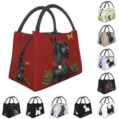 Scottish Terrier viendo una mariposa bolsas de almuerzo aisladas para mujeres Scottie Dog refrigerador portátil caja de almuerzo térmica