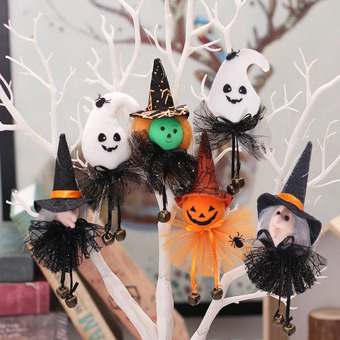 Muñecos de tela pequeños de bruja fantasma, adornos colgantes de Halloween, araña de malla, colgantes de pared de árbol, decoración de jardín, accesorios de fiesta DIY