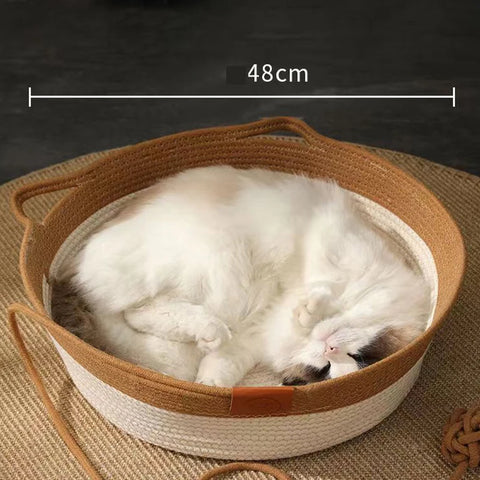 Cama japonesa para gatos, redonda, tejida a mano, refrescante, cesta para gatos con cuerda de algodón