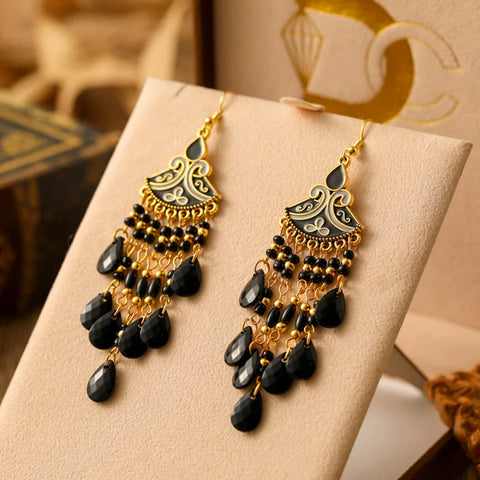 Bohemian Multicolor Rice Bead Water Drop Long Enamel Fan-Shaped Earring