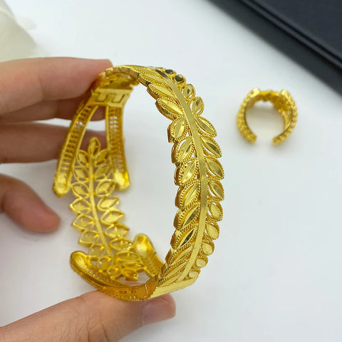 Brazalete de Dubái con anillo, pulsera chapada en oro, joyería nigeriana marroquí