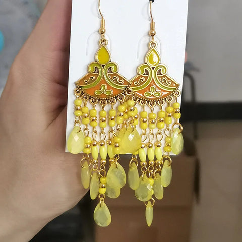 Bohemian Multicolor Rice Bead Water Drop Long Enamel Fan-Shaped Earring