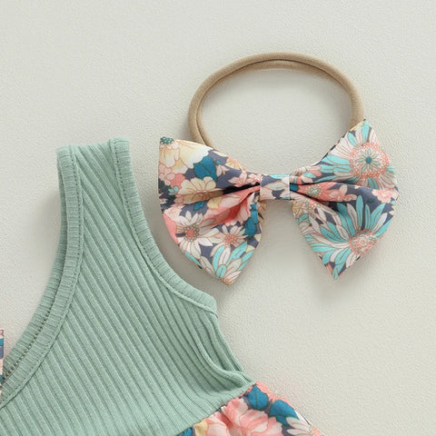 Conjunto de dos piezas para niña, mono de verano con estampado floral de un hombro y diadema elástica