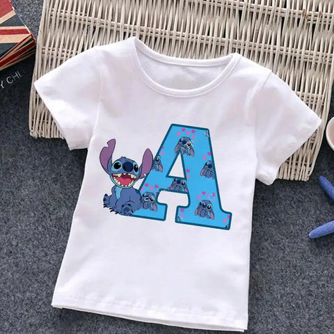 Stitch carta abcd crianças camiseta de algodão combinação camisetas desenhos animados kawaii criança roupas casuais menina menino harajuku topos