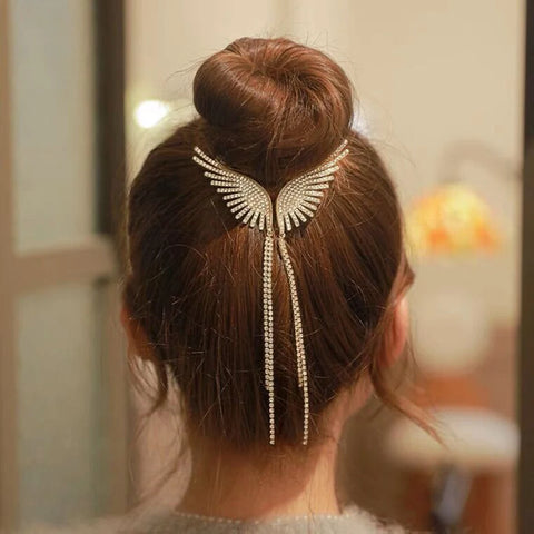 Novo asas de anjo cabelo coque grampos de cabelo feminino meninas strass borla rabo de cavalo botão hairpin acessórios de moda dourada