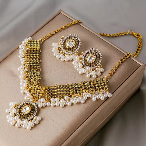 Luxury Vintage Women's Jewelry Set Gold Plated White Crystal Zircon Necklace Earrings Sets