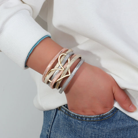 Gold Color Metal Heart Leather Bracelets Charm Multilayer Wide Wrap Bracelet