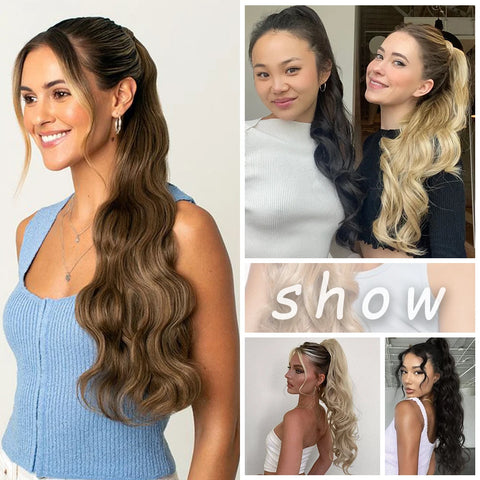 Ponytail Hair Extension Heat Resistant Synthetic 24" Long Wavy Claw Clip On  Natural Wave Pony Tail Fake Hairpieces