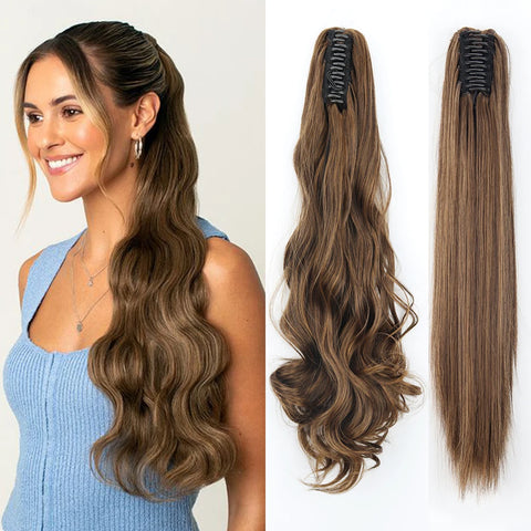 Ponytail Hair Extension Heat Resistant Synthetic 24" Long Wavy Claw Clip On  Natural Wave Pony Tail Fake Hairpieces