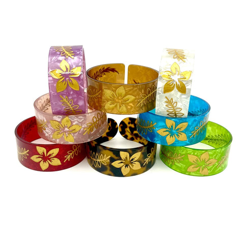 Bohemia Polynesian Pacific Islanders Plumeria Flower Acrylic Cuff Bangles