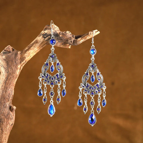 Pendientes colgantes bohemios vintage de color azul real para mujer, borla larga étnica de gota de agua