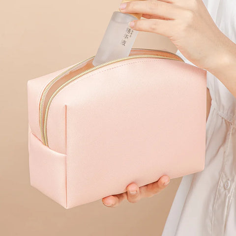 Solid Color Makeup Pouch Women Cosmetic Bag Waterproof PU Leather Travel Portable Wash Toiletry Storage Bag Organizer Purse