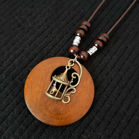 Vintage Wooden Necklace with Metal Pendant Boho Ethnic Style Long Wax Rope Chain