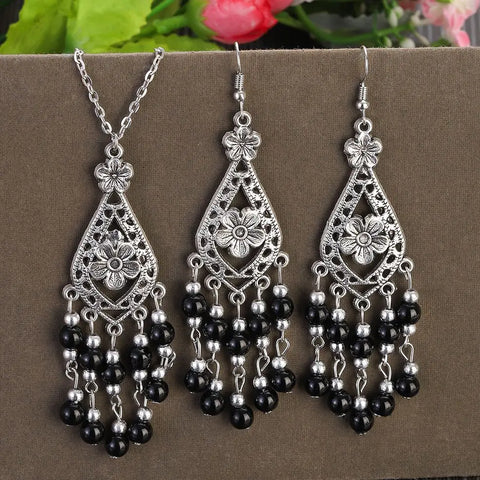 Sets Vintage Jewelry Boho Beads Flower Tassel Necklace Earring New Silver Color  Jewelry