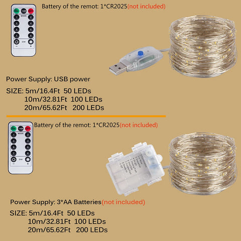 LED USB/Bateria Cobre Luzes de Fada Guirlanda Controle Remoto