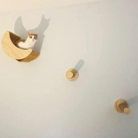 Prateleira de escalada interna para gatos, montada na parede, poste para arranhar com rede em forma de lua ou plataforma de salto para descanso de gatinhos