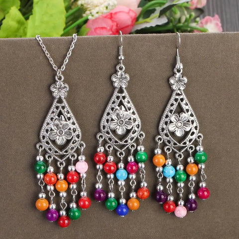 Sets Vintage Jewelry Boho Beads Flower Tassel Necklace Earring New Silver Color  Jewelry