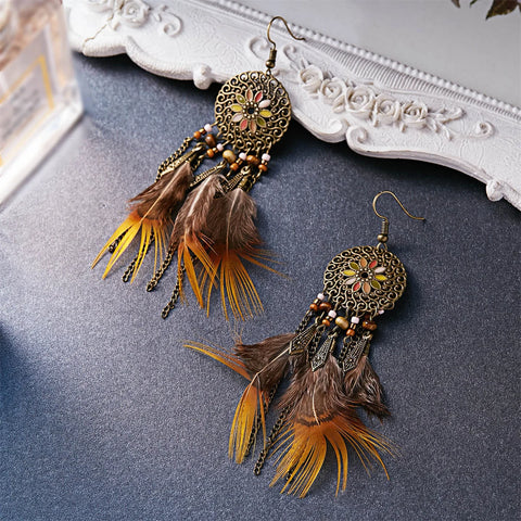 Pendientes colgantes de plumas naturales étnicos bohemios para mujer pluma larga de borla