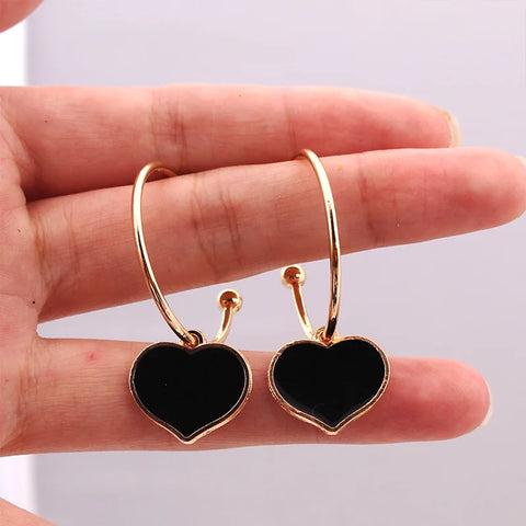 Pendientes de esmalte de corazón, pendientes coreanos negros con colgante de gota de aceite para mujer, pendientes de aro grandes con forma de corazón, joyería minimalista