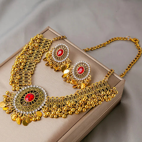 Luxury Vintage Women's Jewelry Set Gold Plated White Crystal Zircon Necklace Earrings Sets