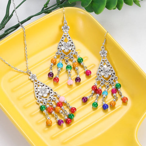 Sets Vintage Jewelry Boho Beads Flower Tassel Necklace Earring New Silver Color  Jewelry