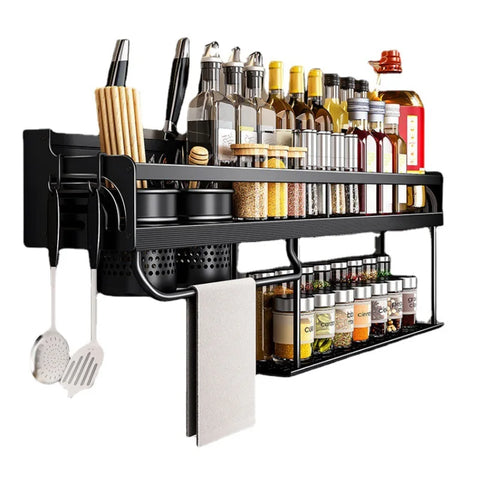 Organizador de cocina de doble capa, estante de almacenamiento de especias montado en la pared, palillos para condimentos, cuchillo, cuchara, pala, soporte de almacenamiento