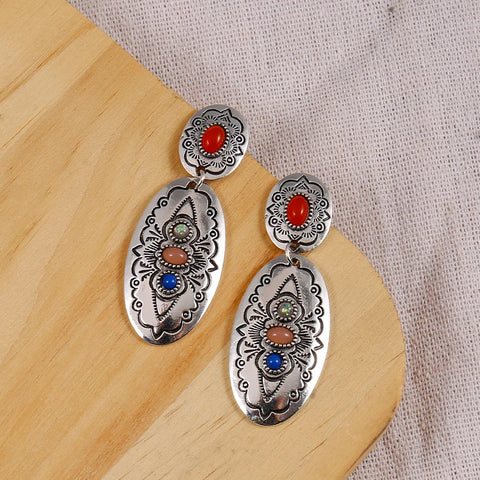 Appearance Earrings Inlaid with Colorful Gemstones  Carved with Irregular Patterns