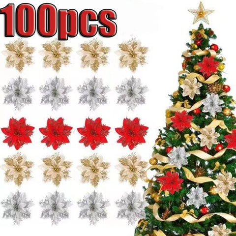 Glitter Christmas Flowers Xmas Tree 14cm Artificial Flower Ornaments  Christmas Decoration