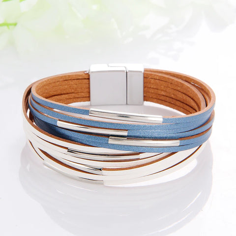 Multilayer Leather Women's Bracelet Metal Copper Tube Leather Wound Magnet Buckle Bracelet Exquisite Color Matching Jewelry