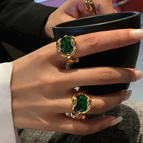 Joyería de moda, anillo de cristal brillante de alta calidad, verde exagerado, nueva tendencia geométrica, regalos para mujeres