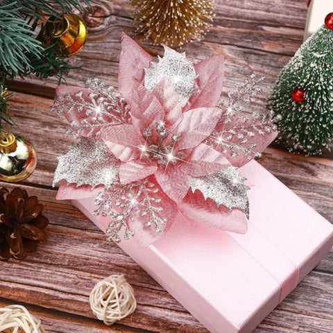 Glitter Christmas Flowers Xmas Tree 14cm Artificial Flower Ornaments  Christmas Decoration