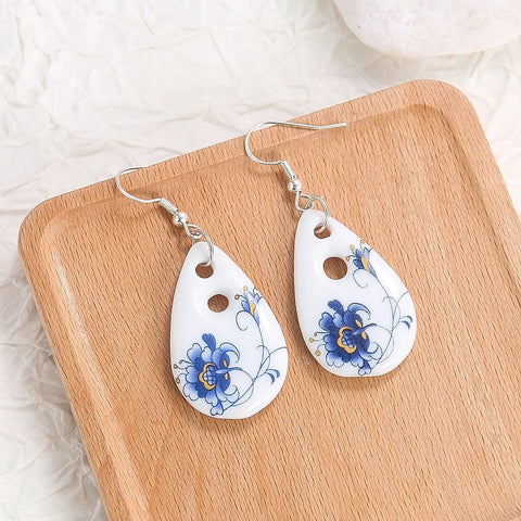 Antique Porcelain Print Water Drop Earrings - EveryWares