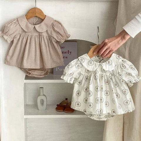 Baby Girl Clothes Set 0 - 3Years Newborn Kids Short Sleeve Peter Pan Collar Flower Skirted Top+Bloomer Short 2PCS Suit - EveryWares