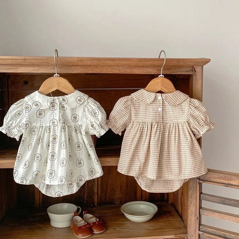 Baby Girl Clothes Set 0 - 3Years Newborn Kids Short Sleeve Peter Pan Collar Flower Skirted Top+Bloomer Short 2PCS Suit - EveryWares