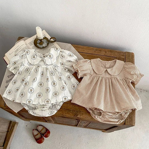 Baby Girl Clothes Set 0 - 3Years Newborn Kids Short Sleeve Peter Pan Collar Flower Skirted Top+Bloomer Short 2PCS Suit - EveryWares