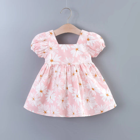 Baby Girls Casual Floral Graphic Print Puff Sleeve Bowknot Back Dress Clothes For Summer - EveryWares