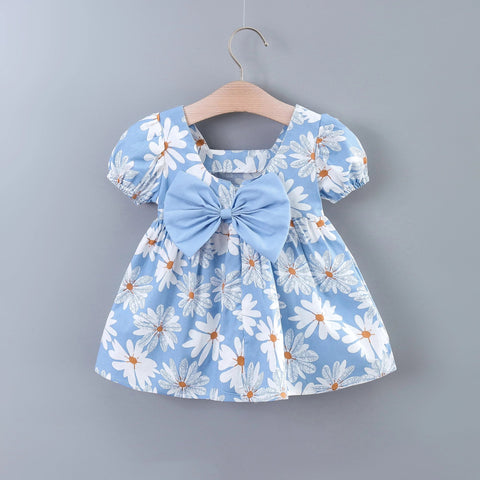 Baby Girls Casual Floral Graphic Print Puff Sleeve Bowknot Back Dress Clothes For Summer - EveryWares