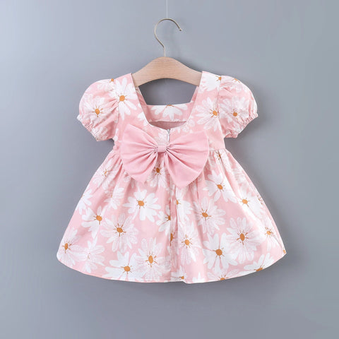 Baby Girls Casual Floral Graphic Print Puff Sleeve Bowknot Back Dress Clothes For Summer - EveryWares