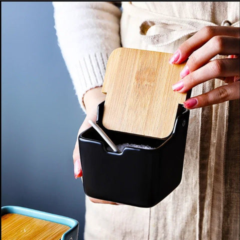 Ceramic Spice Storage Box with Wooden Lid and Bamboo Tray - EveryWares