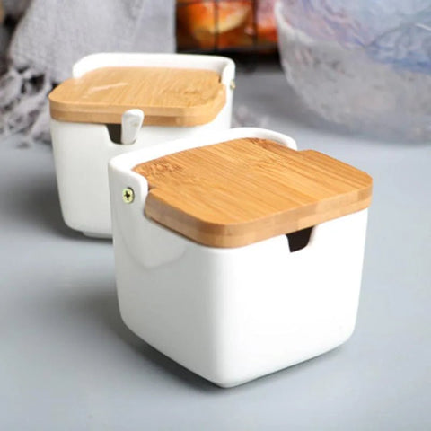 Ceramic Spice Storage Box with Wooden Lid and Bamboo Tray - EveryWares