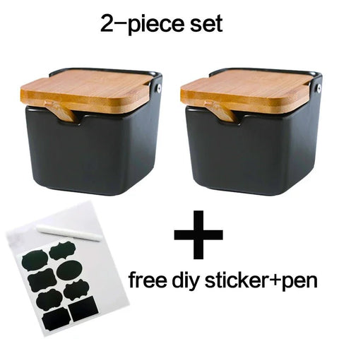 Ceramic Spice Storage Box with Wooden Lid and Bamboo Tray - EveryWares