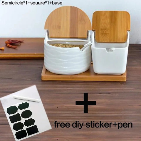 Ceramic Spice Storage Box with Wooden Lid and Bamboo Tray - EveryWares